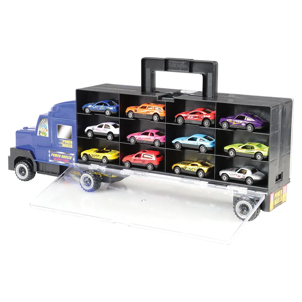 6-Wheel Transport Car Carrier with 12 Die-Cast Vehicles | Easy-Grip Handle & 24 Car Slots