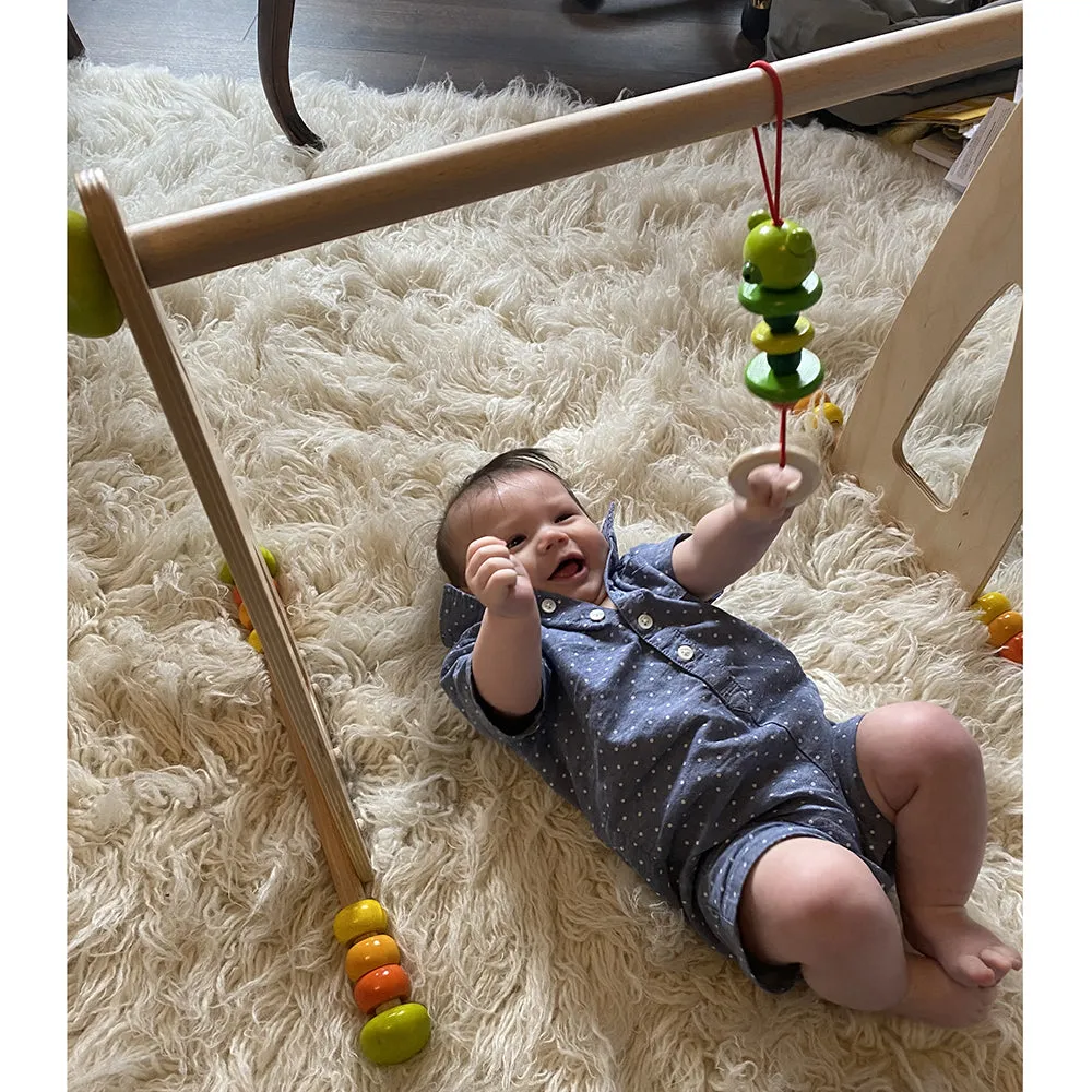 Adjustable Wooden Infant Play Gym with Frog Pull Toy | Perfect for Tummy Time & Floor Play