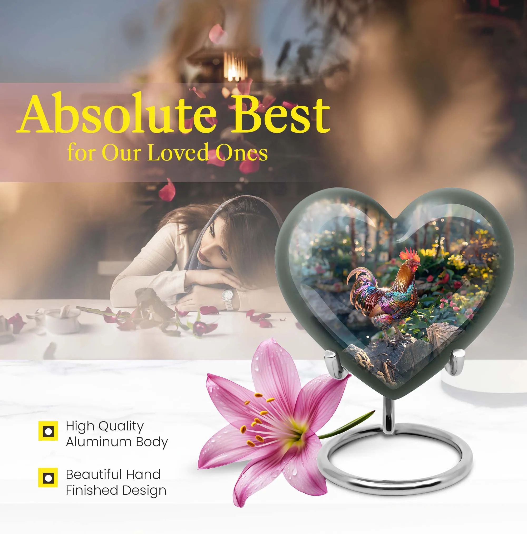 Chicken Embellished Medium Cremation Urn - Tender Heart with Floral Theme