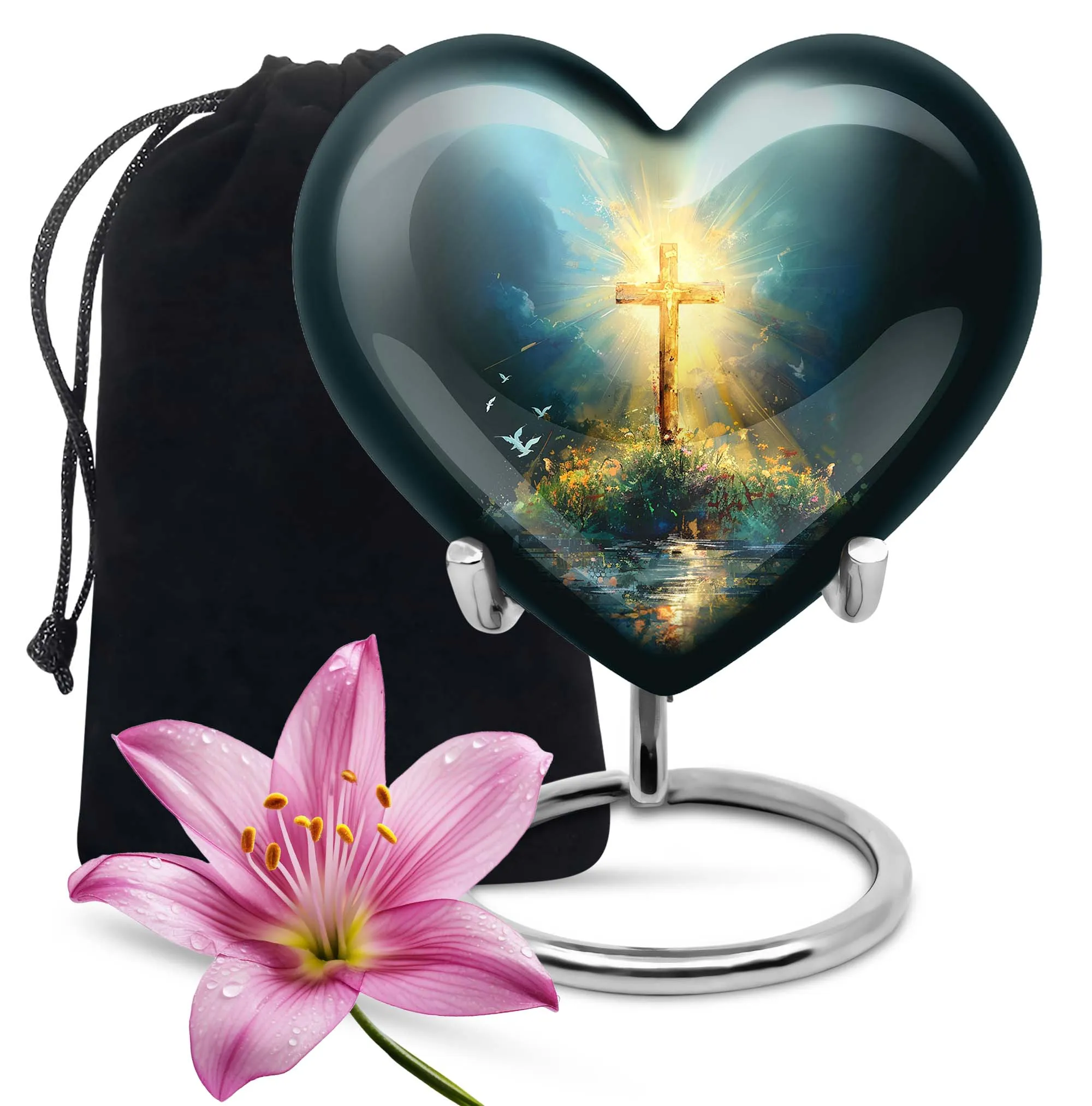Cross Urn Cremation Keepsake - Aurora Borealis Themed Memorial Urn