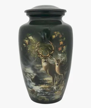Green Forest Buck & Doe Hand Painted Cremation Urn