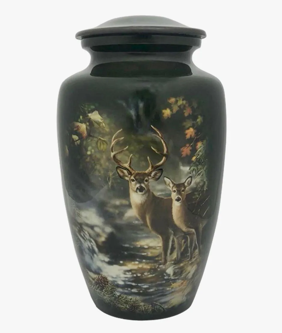 Green Forest Buck & Doe Hand Painted Cremation Urn