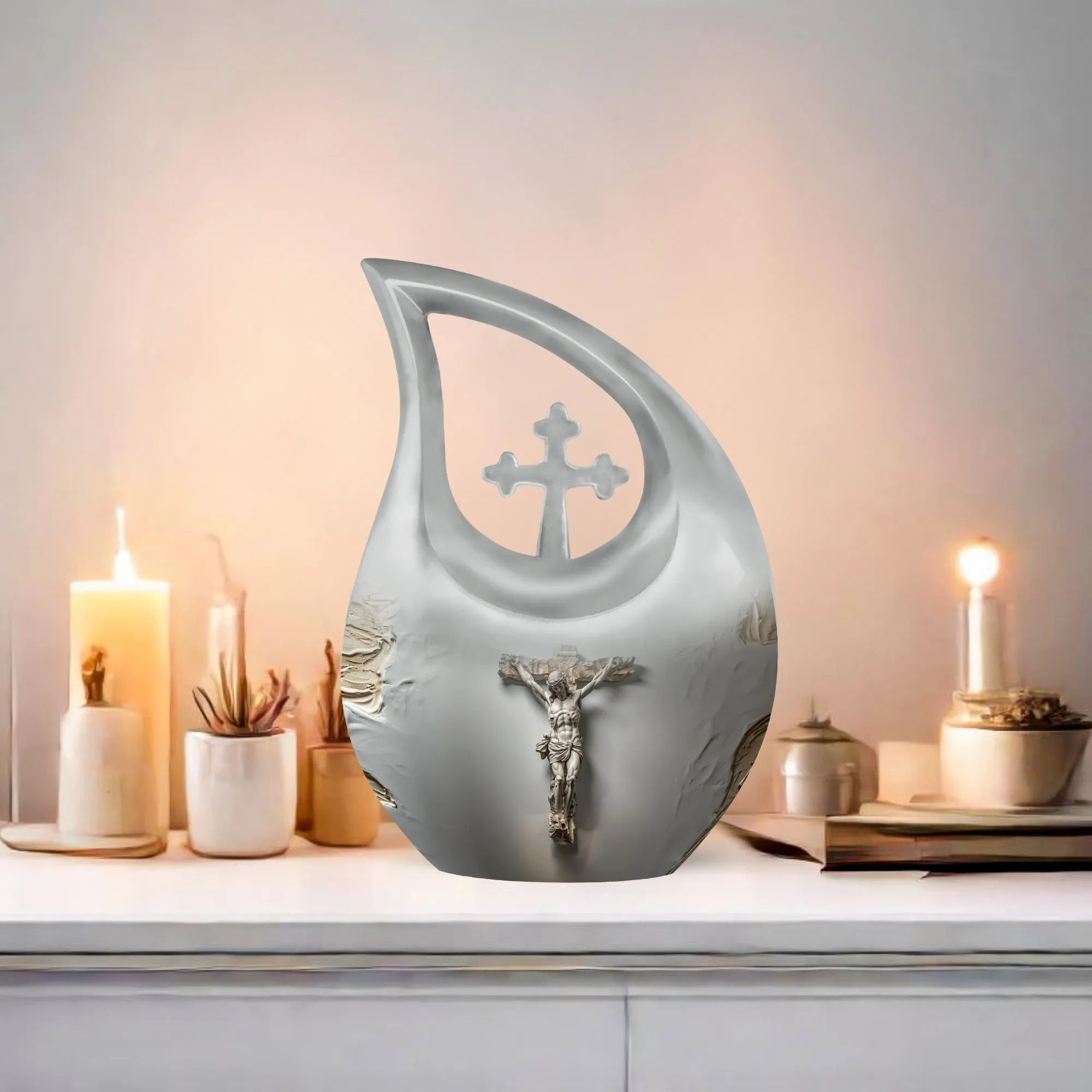 Jesus-Cross Drop: Memorial Small Urn for Human Ashes