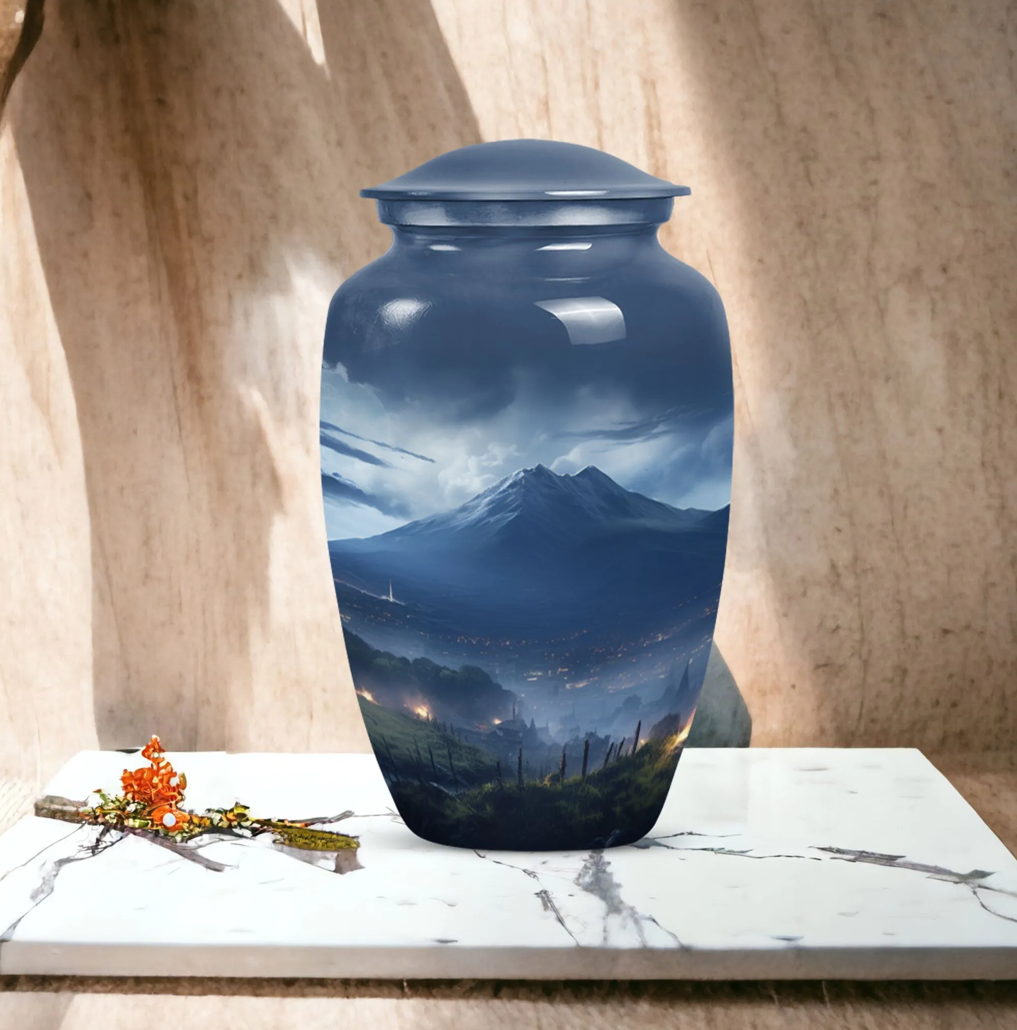 Landscape Cremation Container: Large Grey Burial Urn for Human Ashes