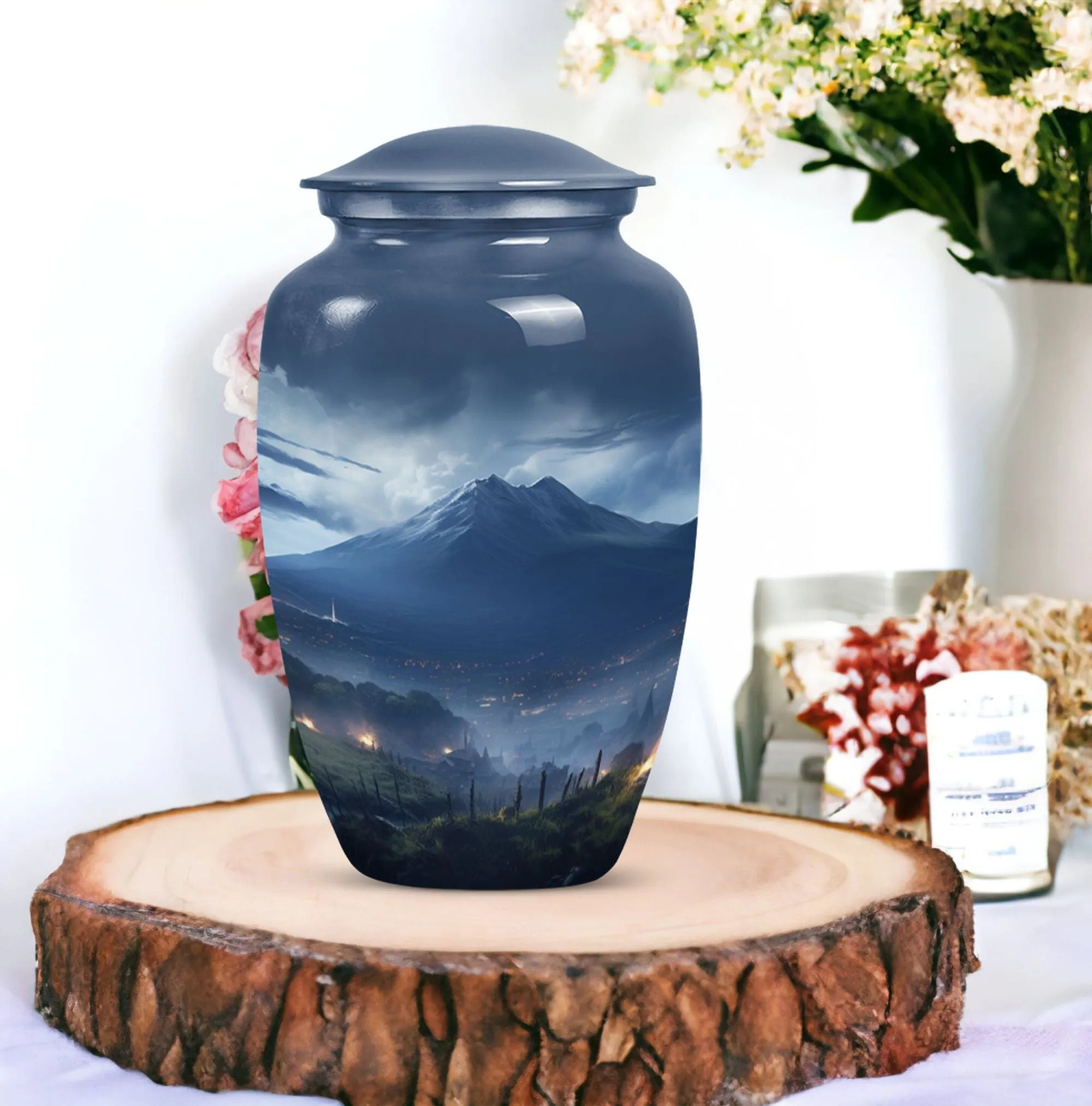 Landscape Cremation Container: Large Grey Burial Urn for Human Ashes