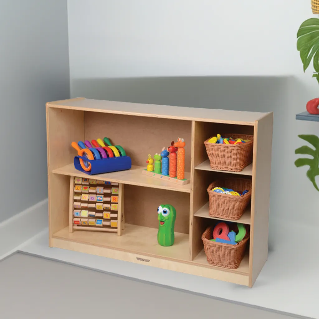 Multi-Level Birch Storage Shelves with Baskets | Durable & Eco-Friendly Classroom Organizer