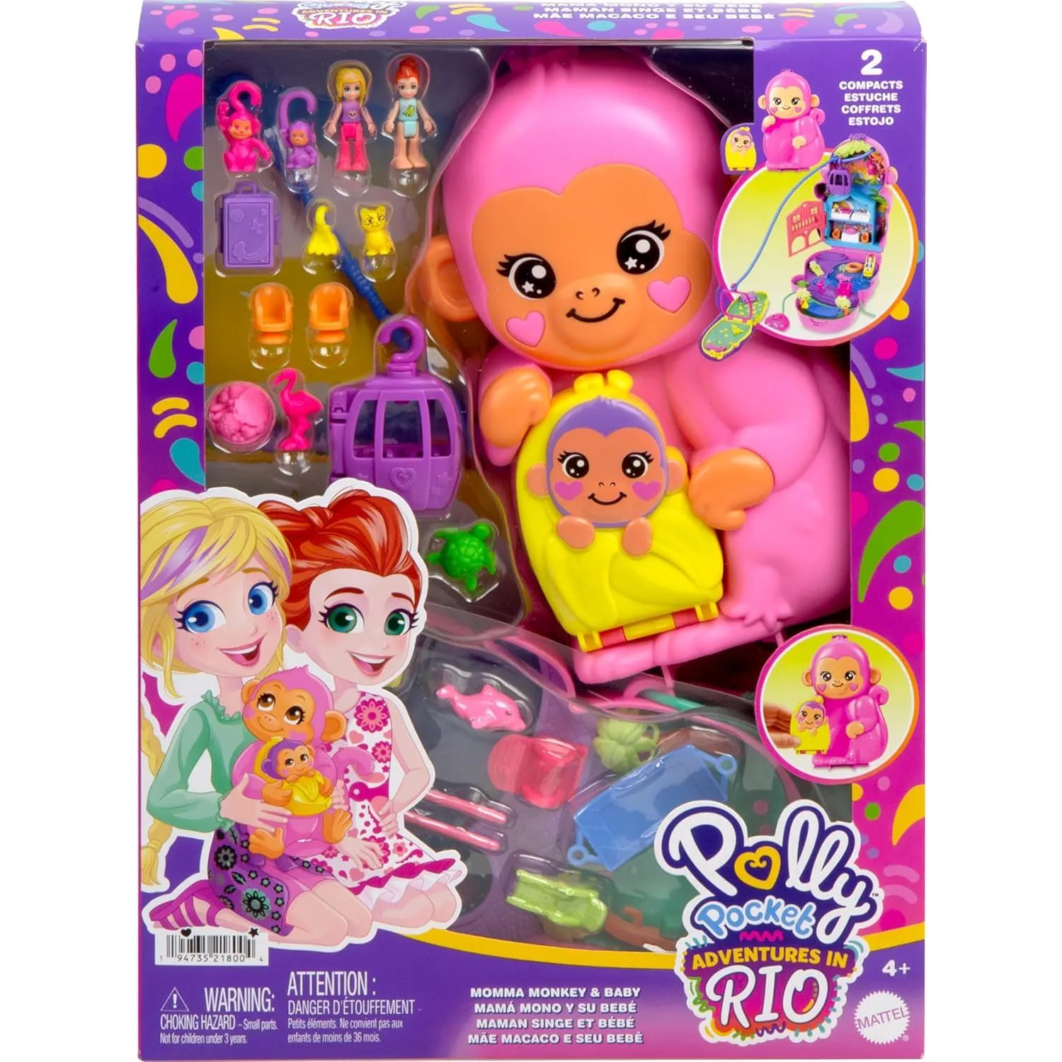 Polly Pocket Dolls & Playset with Pets & 13 Accessories 2-in-1 Momma Monkey & Baby Wearable Purse & Animal Toy Multicolor
