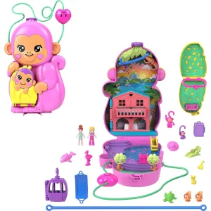 Polly Pocket Dolls & Playset with Pets & 13 Accessories 2-in-1 Momma Monkey & Baby Wearable Purse & Animal Toy Multicolor