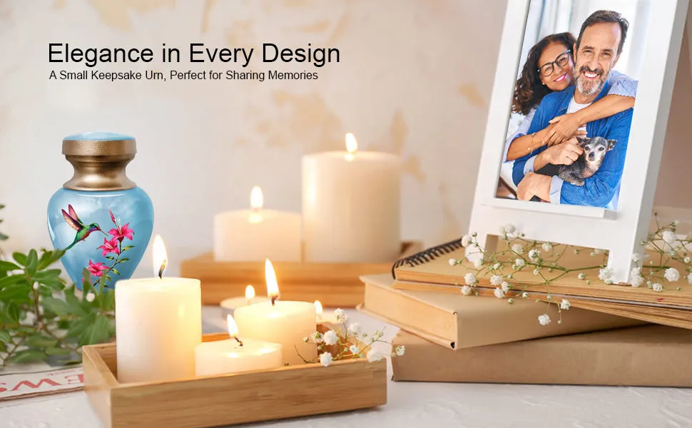 Small Keepsake Urn for Human Ashes - Blue Hummingbird