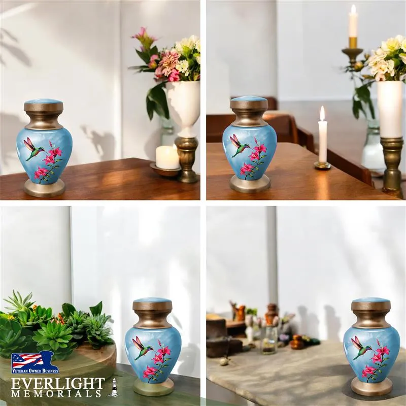 Small Keepsake Urn for Human Ashes - Blue Hummingbird