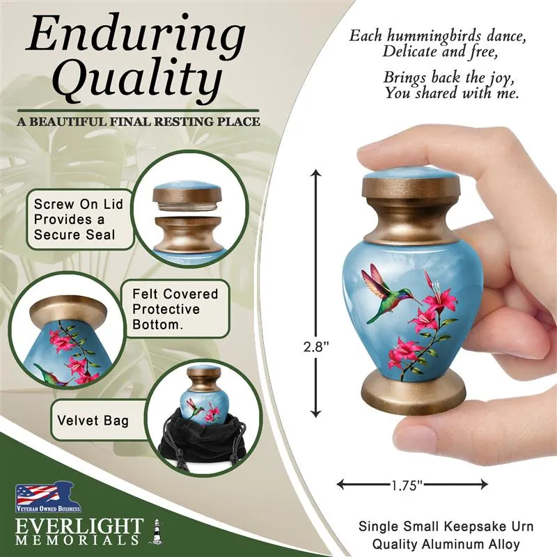 Small Keepsake Urn for Human Ashes - Blue Hummingbird