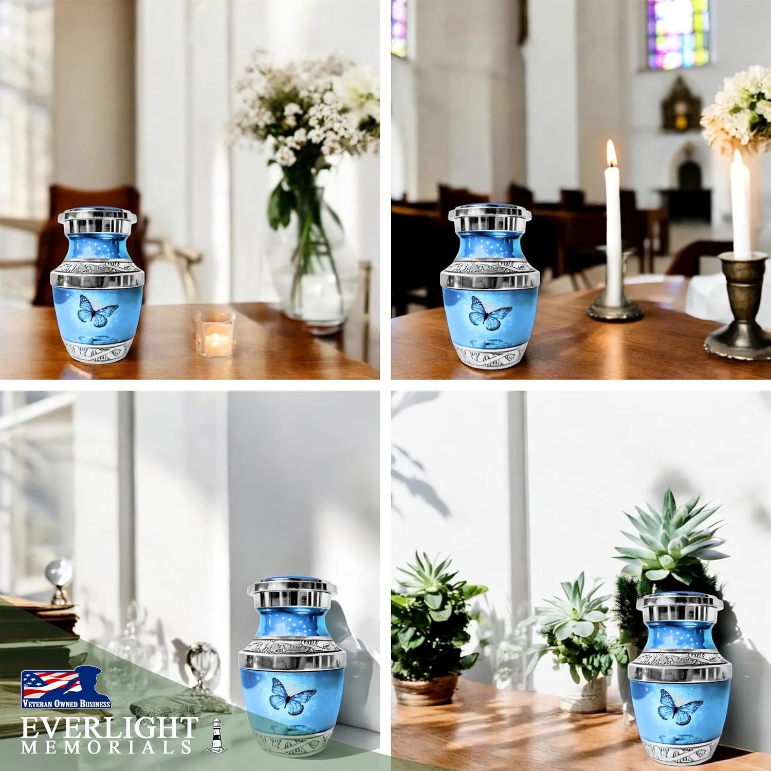 Small Keepsake Urn for Human Ashes - Light Blue Butterfly