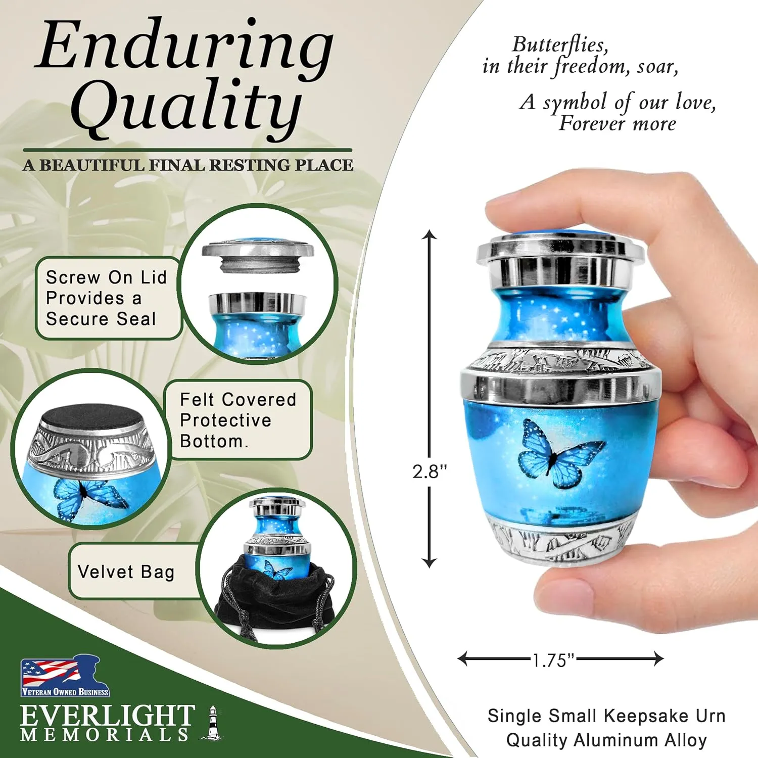 Small Keepsake Urn for Human Ashes - Light Blue Butterfly