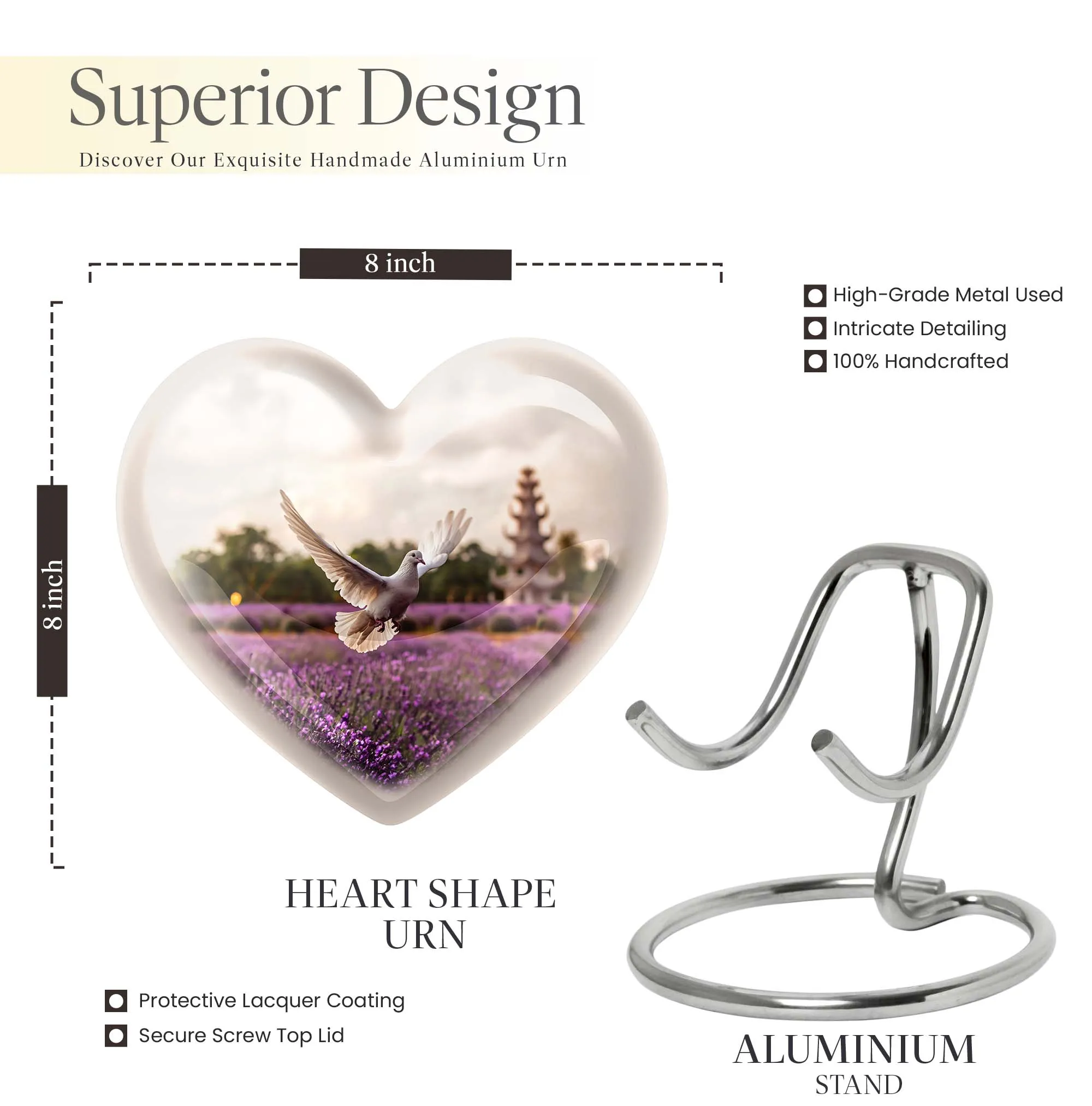 White Dove on Purple Meadow Cremation Urn with Engraved Heart Design