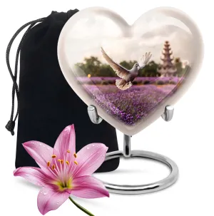 White Dove on Purple Meadow Cremation Urn with Engraved Heart Design