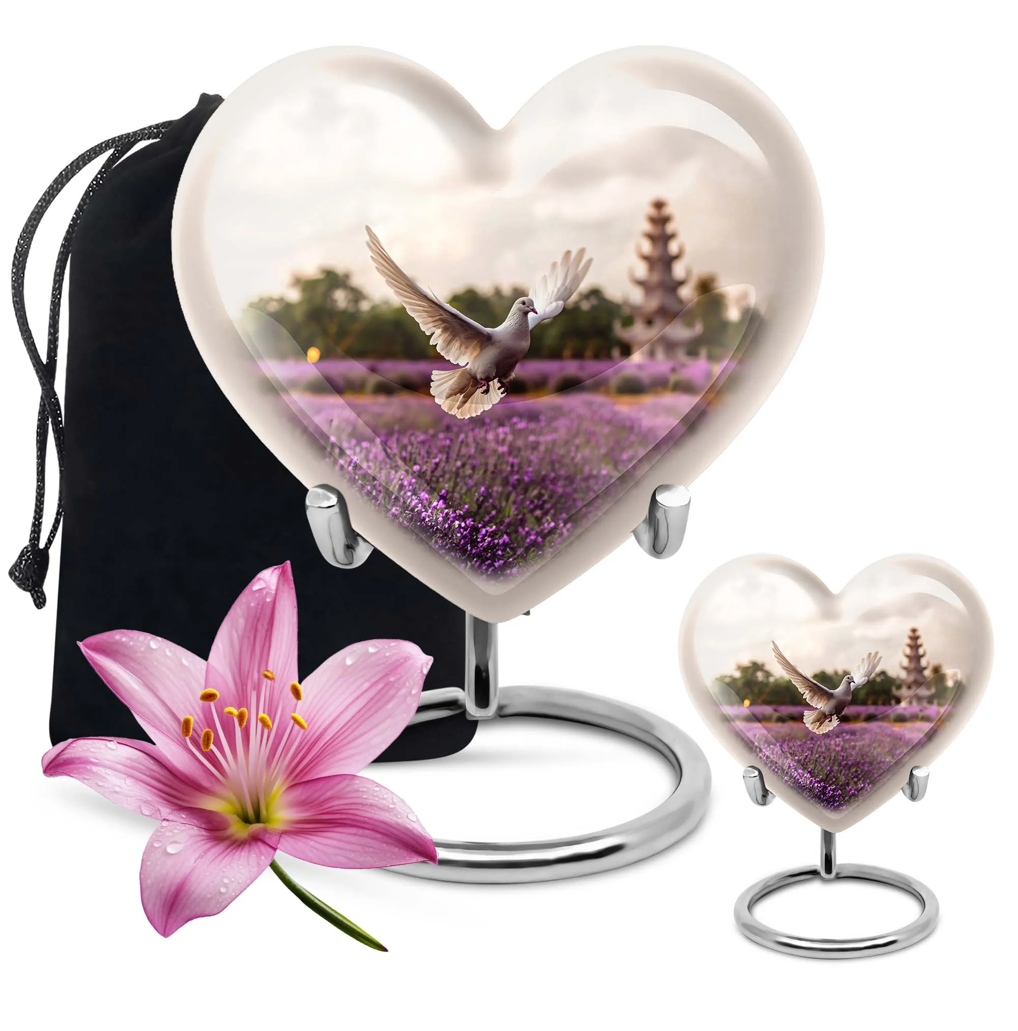 White Dove on Purple Meadow Cremation Urn with Engraved Heart Design