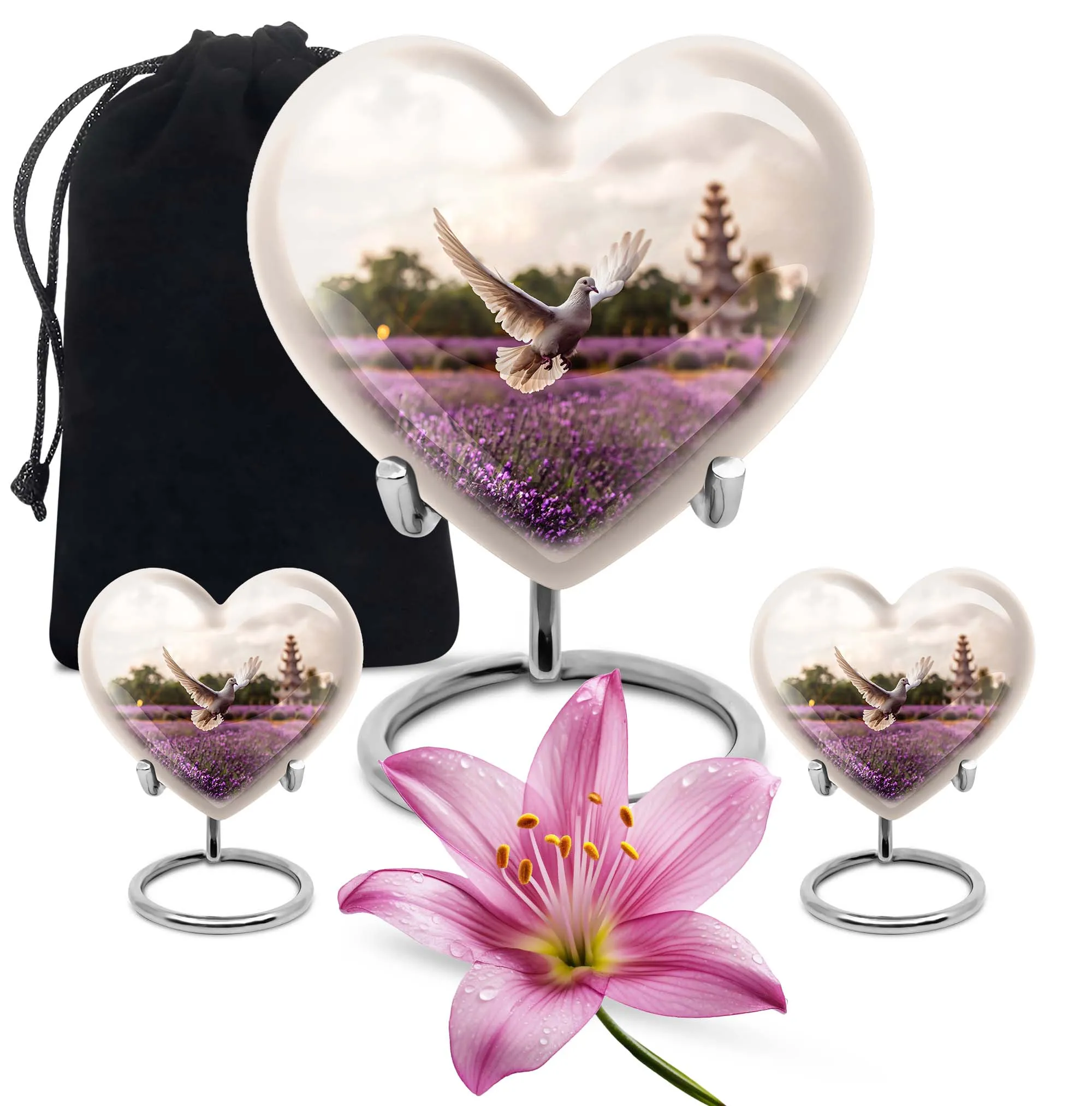 White Dove on Purple Meadow Cremation Urn with Engraved Heart Design