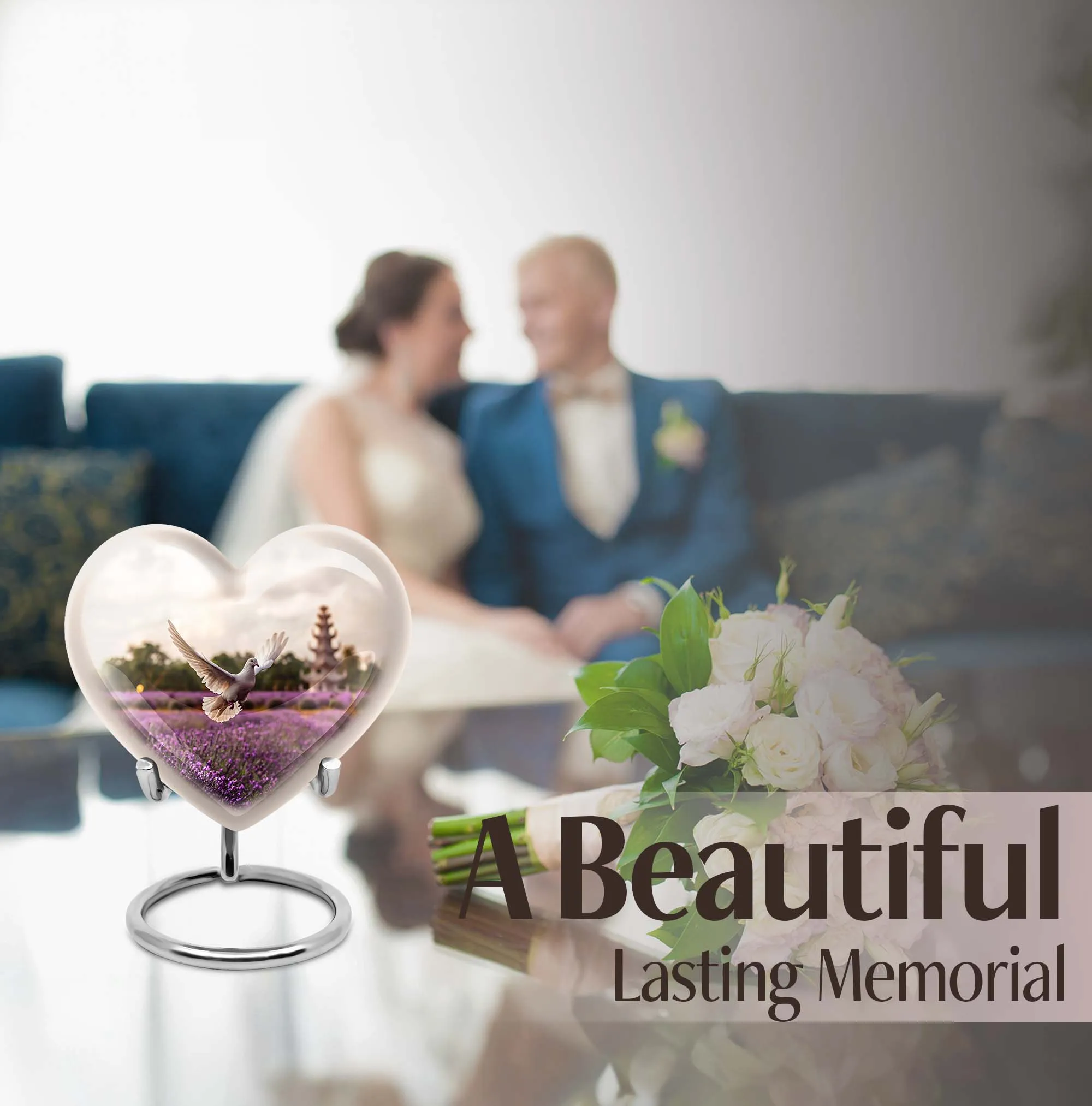 White Dove on Purple Meadow Cremation Urn with Engraved Heart Design