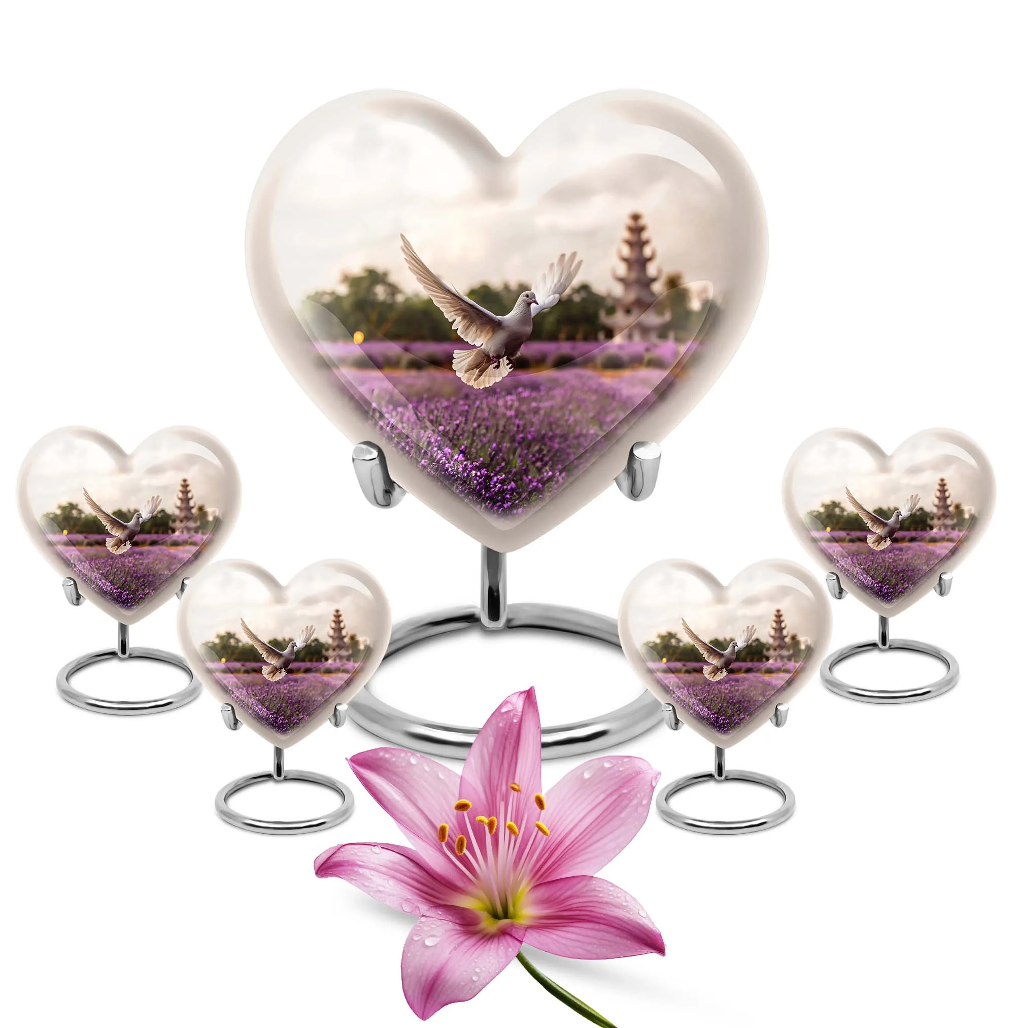 White Dove on Purple Meadow Cremation Urn with Engraved Heart Design