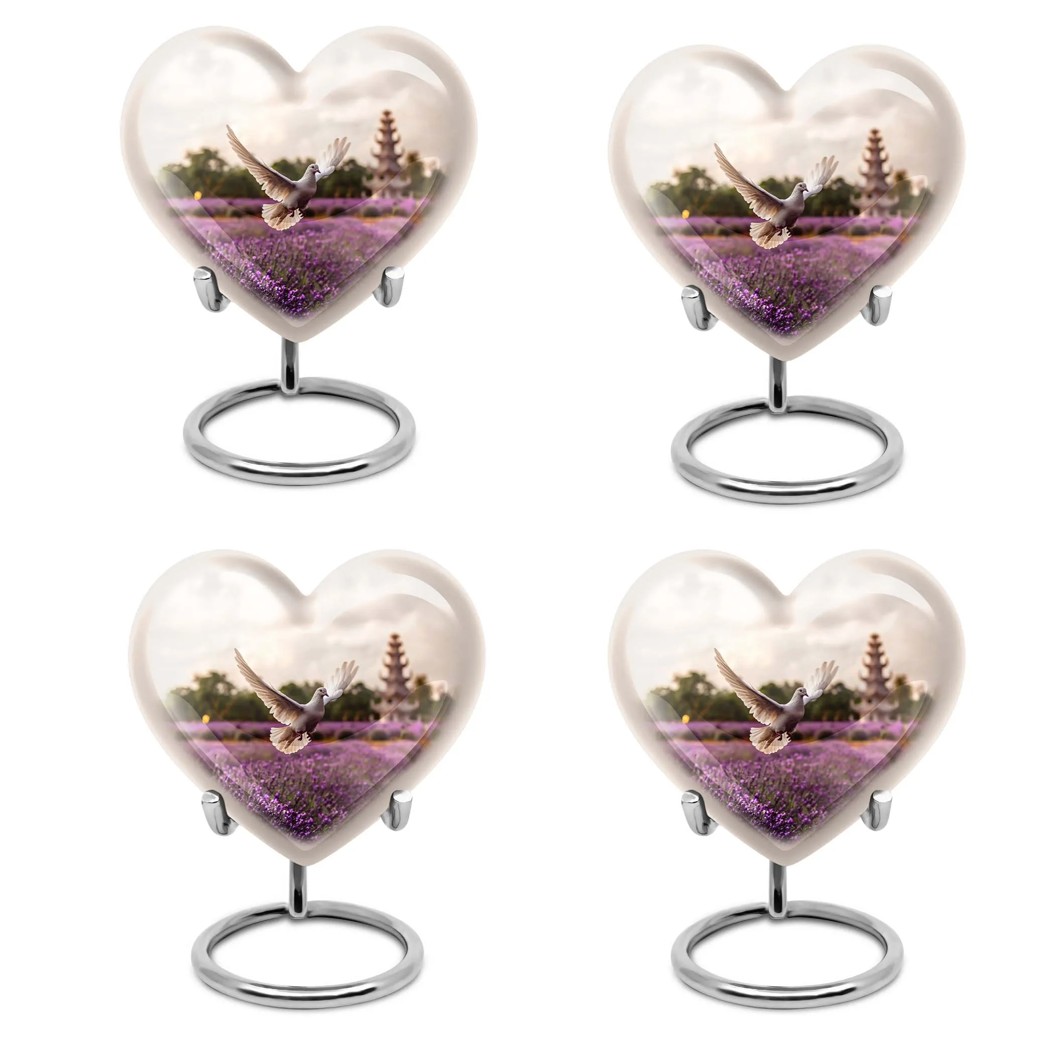 White Dove on Purple Meadow Cremation Urn with Engraved Heart Design