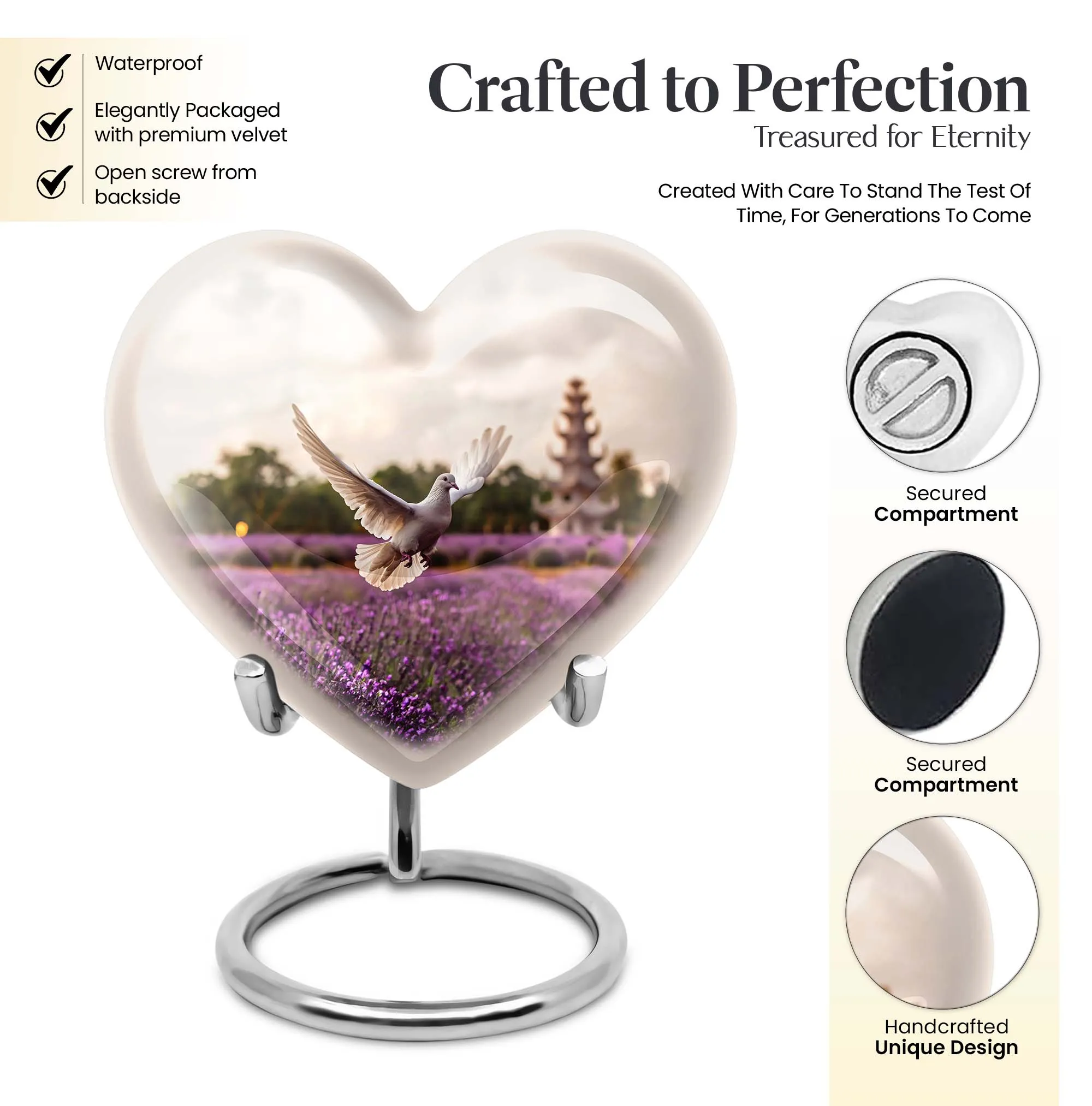 White Dove on Purple Meadow Cremation Urn with Engraved Heart Design