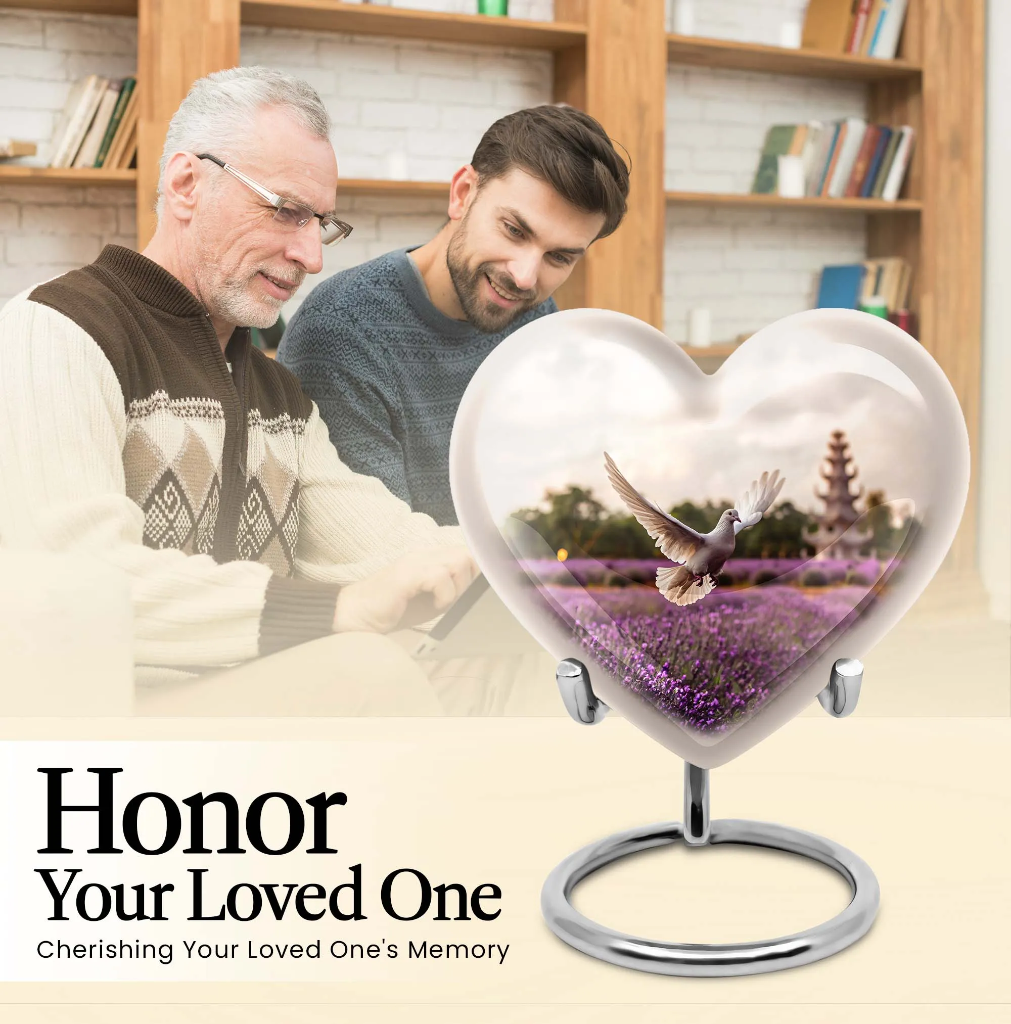 White Dove on Purple Meadow Cremation Urn with Engraved Heart Design
