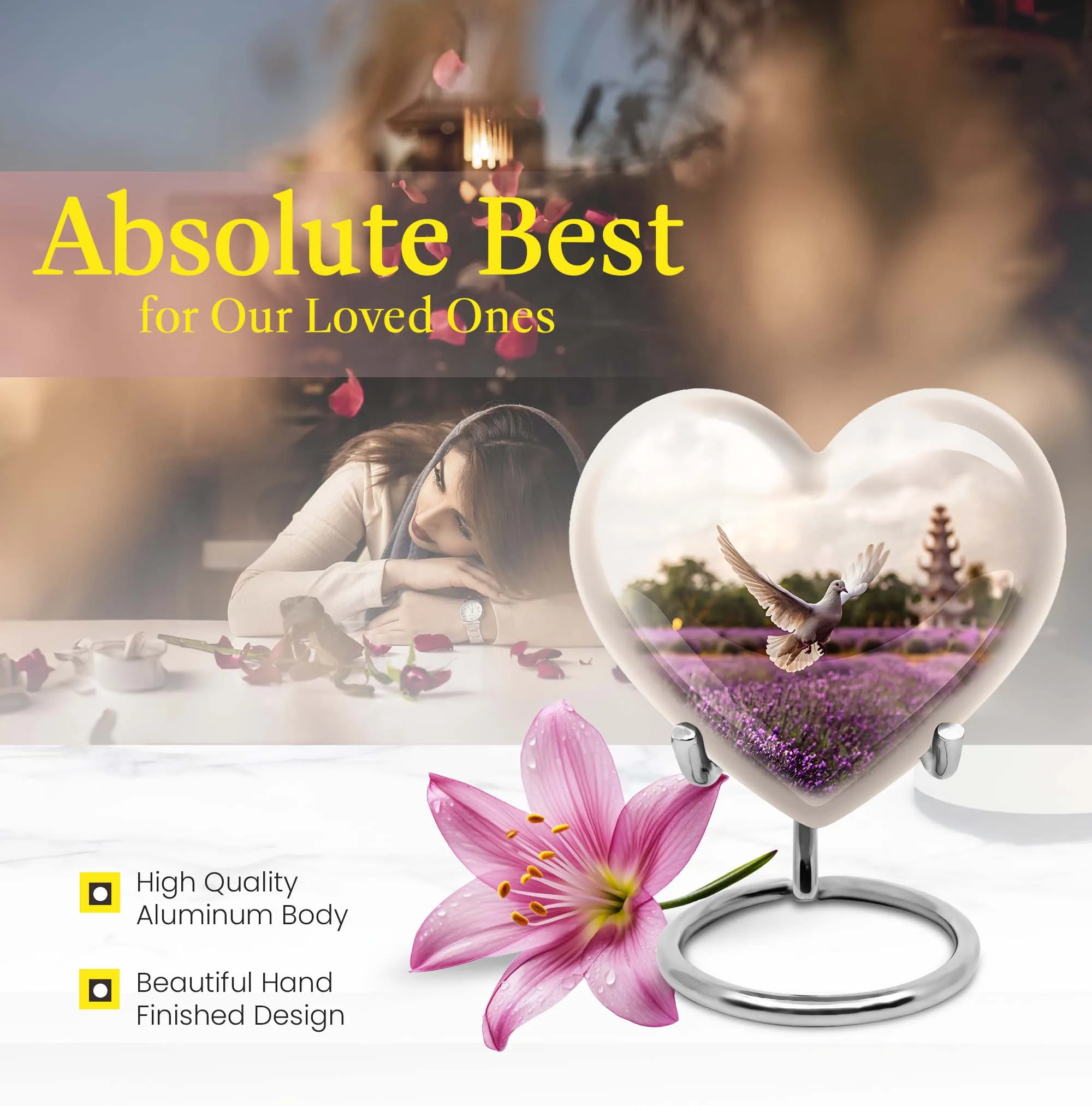 White Dove on Purple Meadow Cremation Urn with Engraved Heart Design