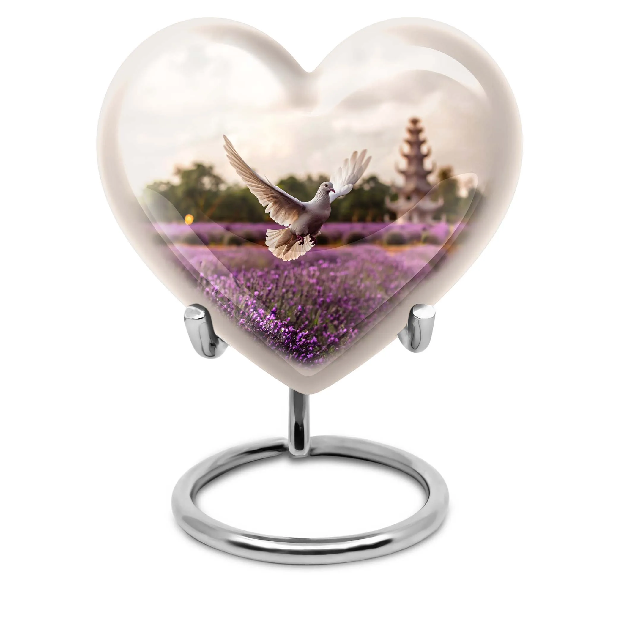 White Dove on Purple Meadow Cremation Urn with Engraved Heart Design