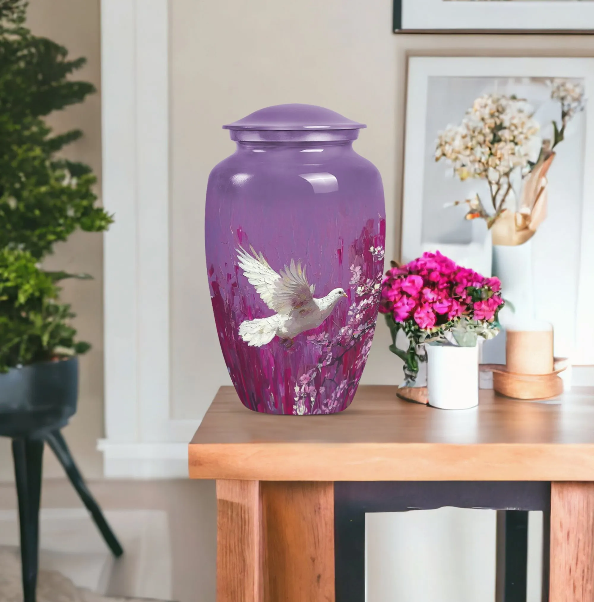 White Dove Urn Adult Memorial Urn in Purple with Butterfly Theme