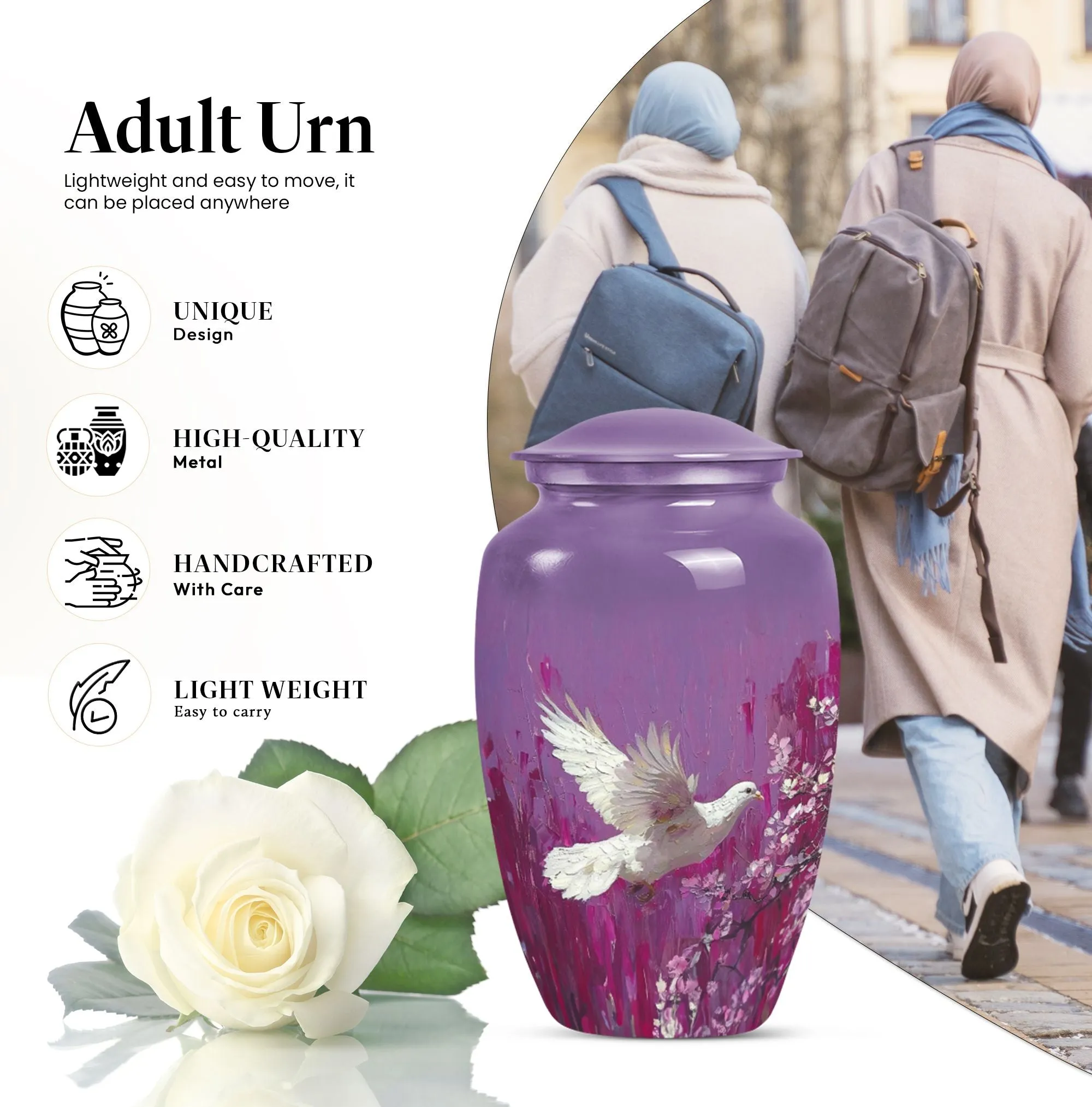 White Dove Urn Adult Memorial Urn in Purple with Butterfly Theme