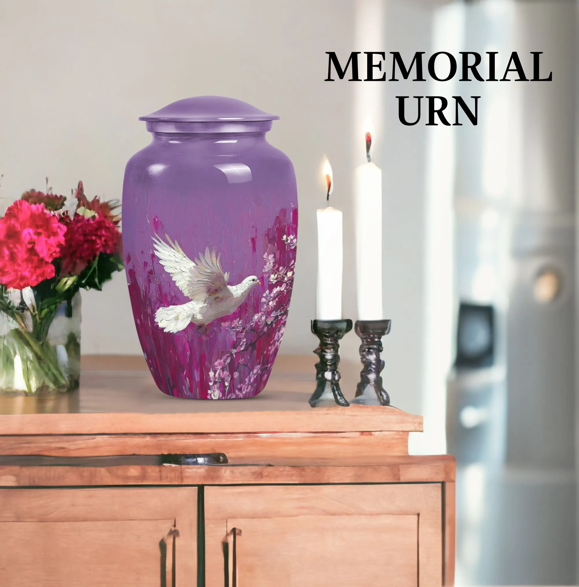 White Dove Urn Adult Memorial Urn in Purple with Butterfly Theme