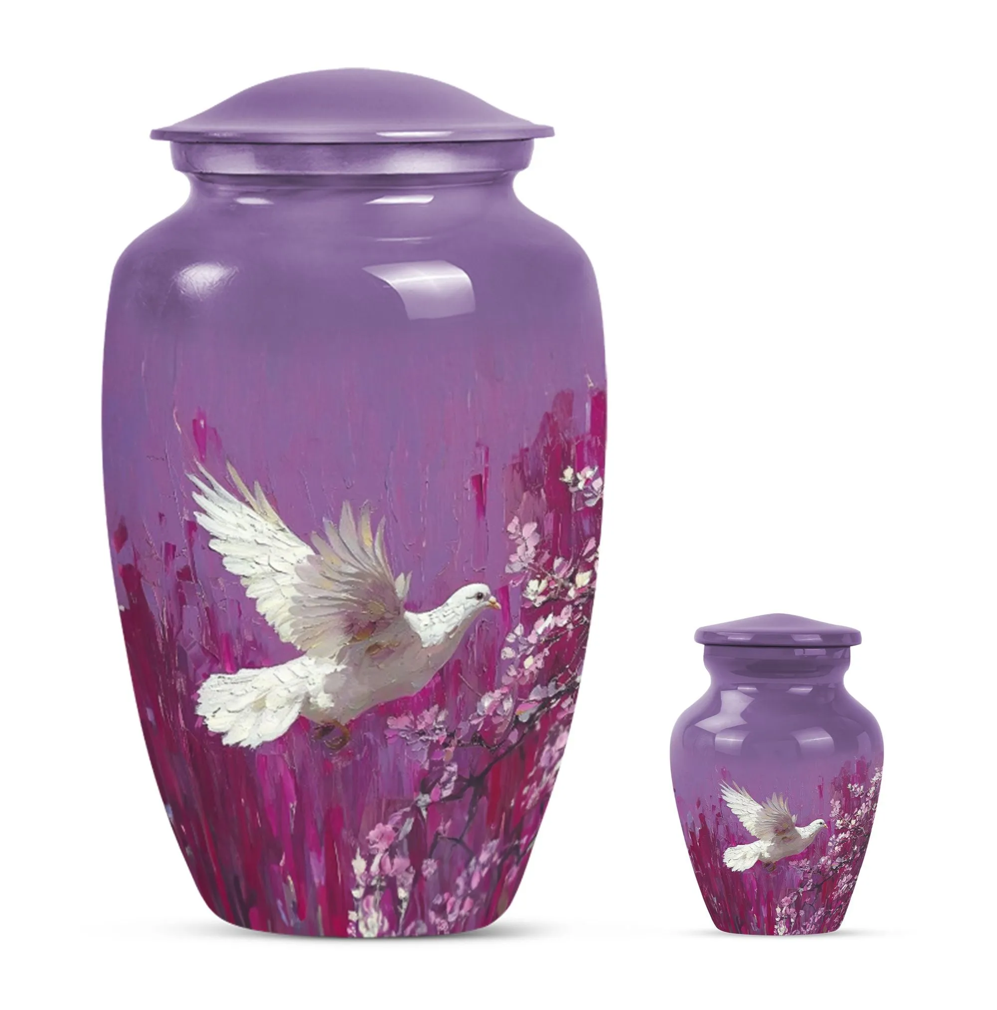 White Dove Urn Adult Memorial Urn in Purple with Butterfly Theme