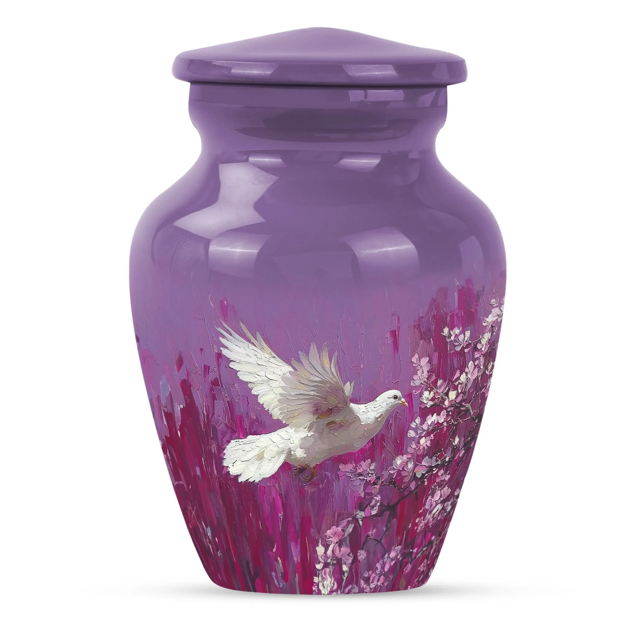 White Dove Urn Adult Memorial Urn in Purple with Butterfly Theme
