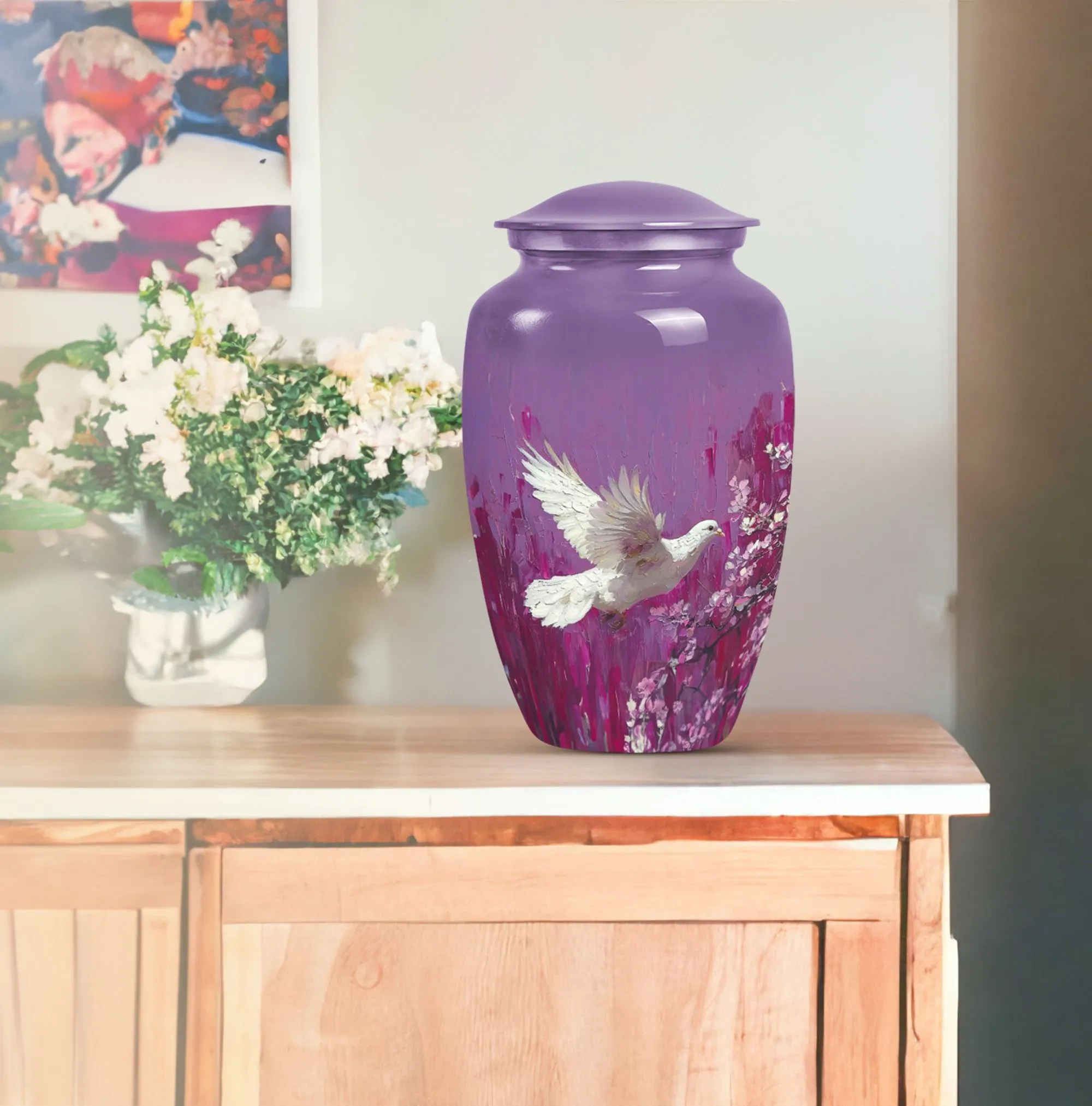 White Dove Urn Adult Memorial Urn in Purple with Butterfly Theme