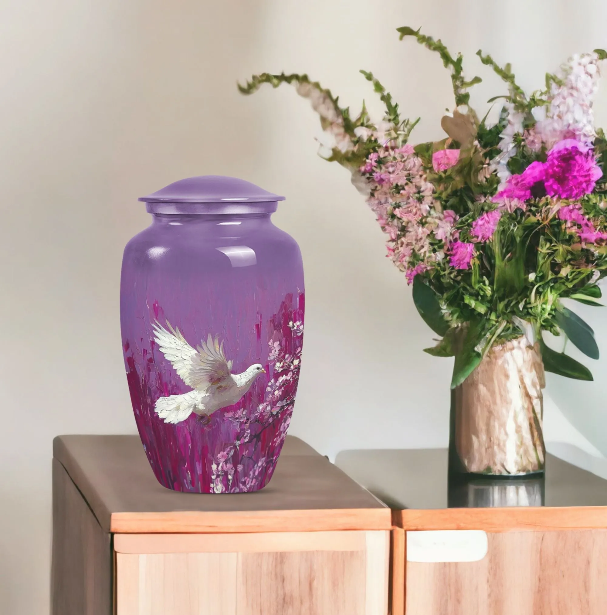 White Dove Urn Adult Memorial Urn in Purple with Butterfly Theme